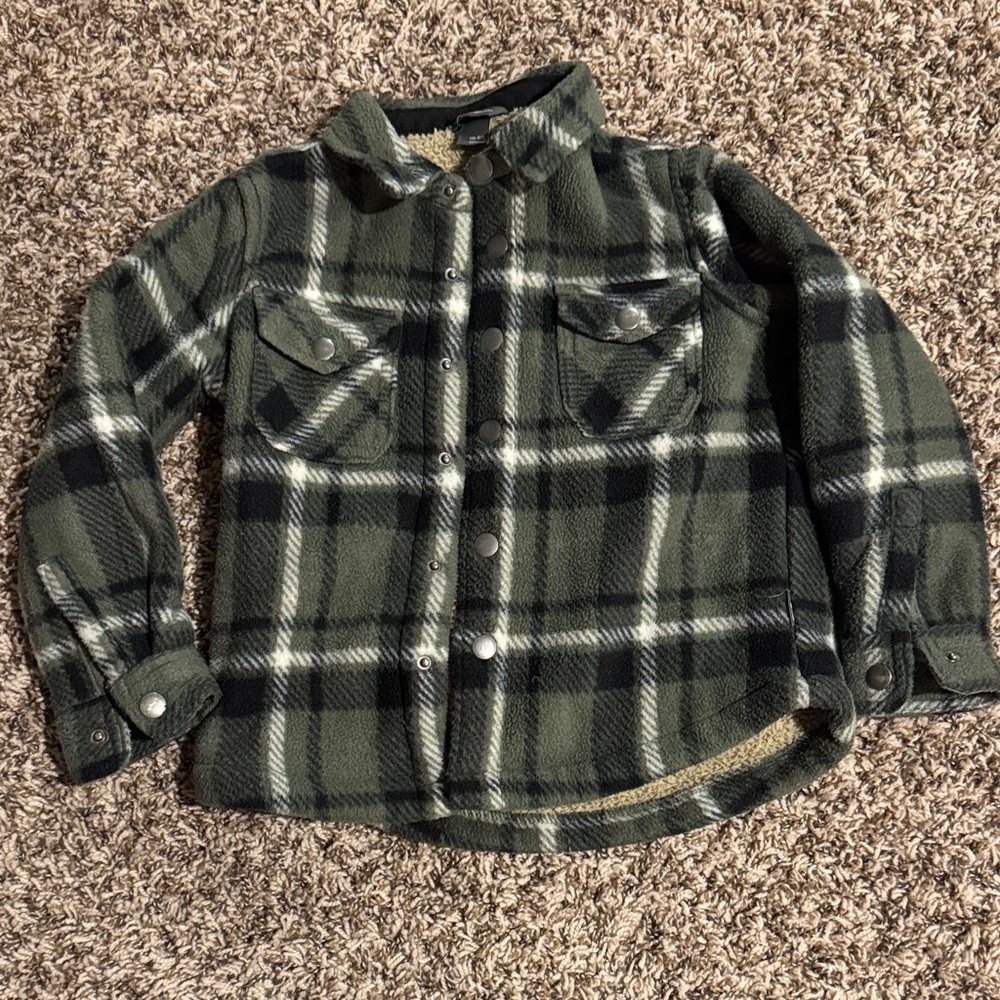 Eddie Bauer Kids Plaid Button Down Shacket in Green and Black